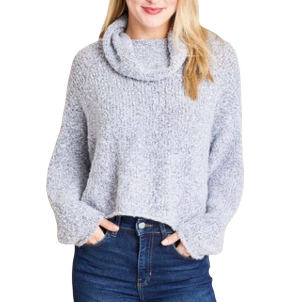 Free People Womens XS Gray Boucle Knit Cropped Sweater Cowl Neck Oversized